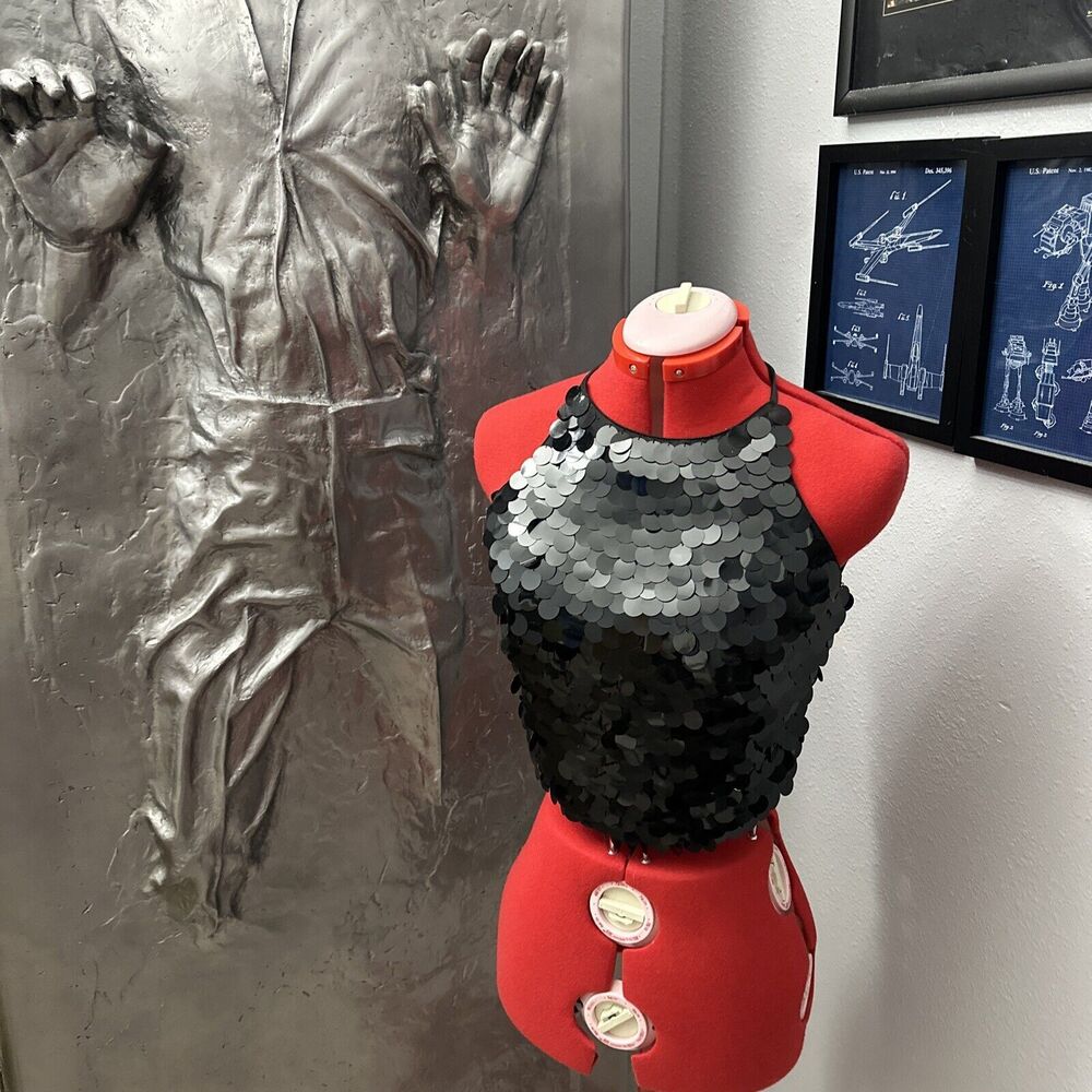 BEBE Vintage Crop Halter Tank Tie Back Black Sequin Top OS Designer 90s Club GUC